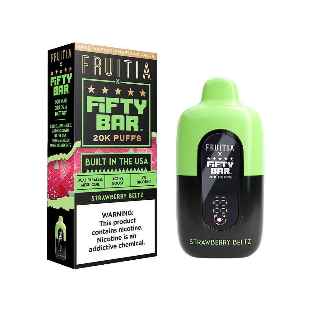 20000 Puff Disposable E-Cig by Fifty Bar Fruitia 50mg 16mL - Strawberry Beltz with Packaging