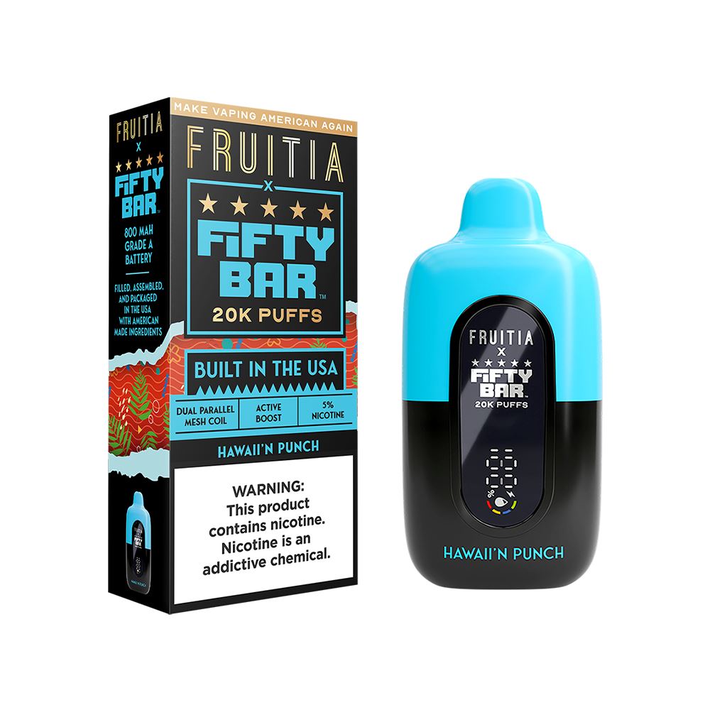 20000 Puff Disposable E-Cig by Fifty Bar Fruitia 50mg 16mL - Hawaii'n Punch with Packaging