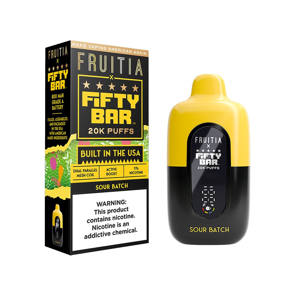 20000 Puff Disposable E-Cig by Fifty Bar Fruitia 50mg 16mL - Sour Batch with Packaging