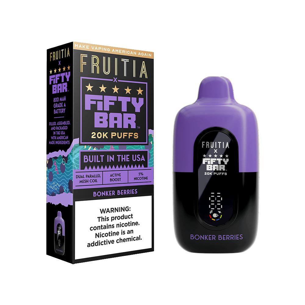 20000 Puff Disposable E-Cig by Fifty Bar Fruitia 50mg 16mL - Bonker Berries with Packaging