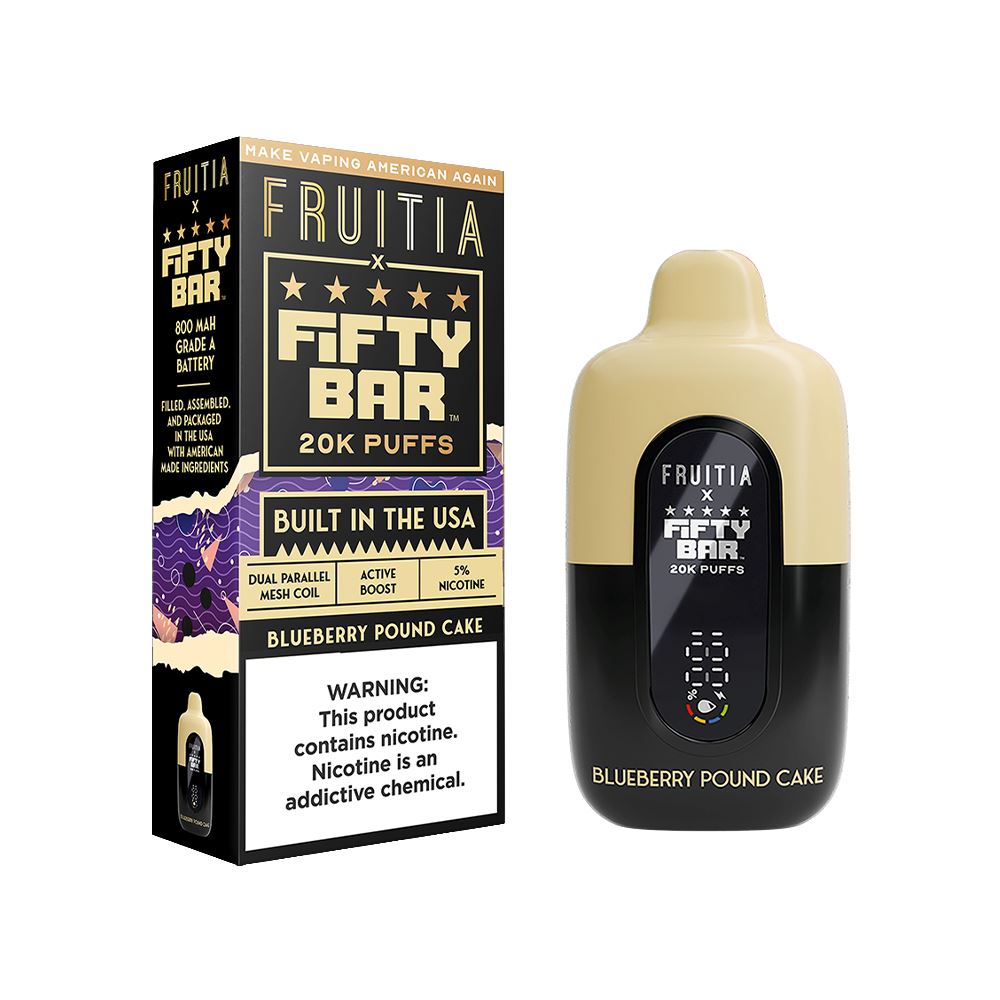 20000 Puff Disposable E-Cig by Fifty Bar Fruitia 50mg 16mL - Blueberry Pound Cake with Packaging