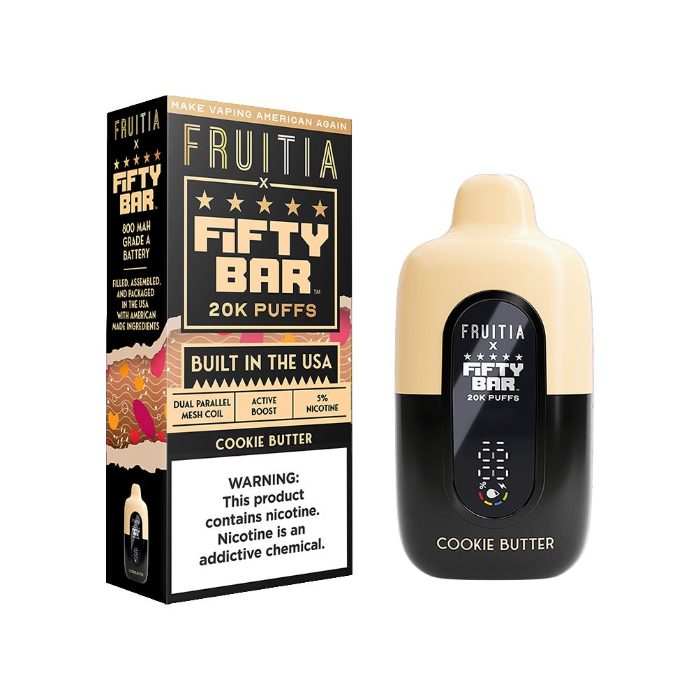 20000 Puff Disposable E-Cig by Fifty Bar Fruitia 50mg 16mL - Cookie Butter with Packaging