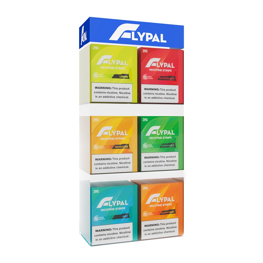 FLYPAL Nicotine Strips Loaded Counter – Acrylic Shelving Unit (SAS) 30pc Display Assorted Flavors