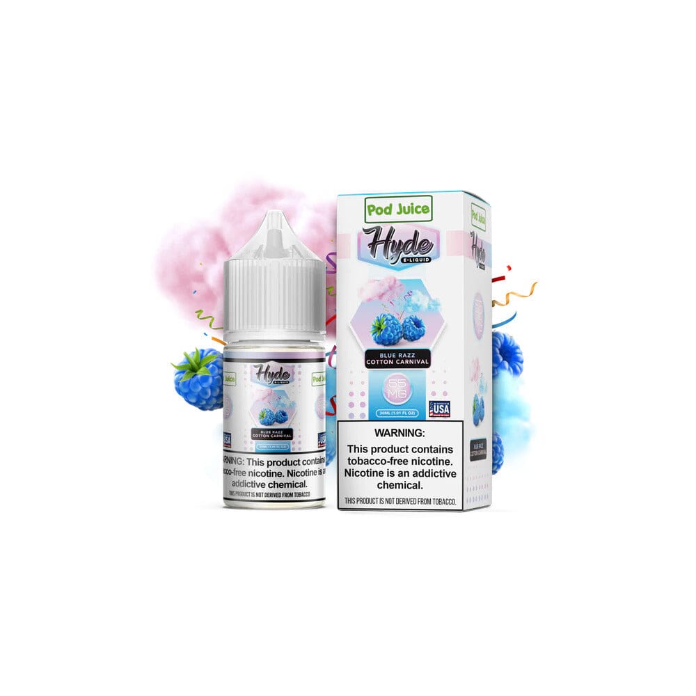  Blue Razz Cotton Carnival by Pod Juice - Hyde TFN Salt 30mL with background