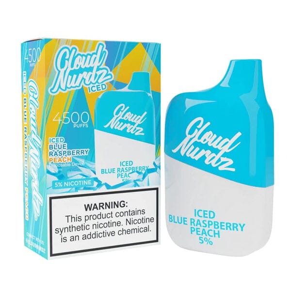 Cloud Nurdz 0% Disposable blue raspberry peach iced with packaging