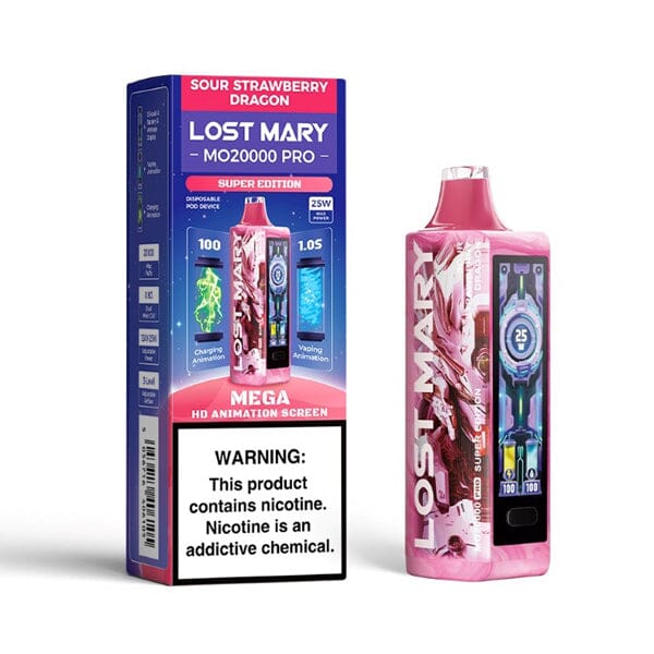 MO20000 Pro 20000 Puff Disposable E-Cig by Lost Mary 50mg 18mL sour strawberry dragon with packaging