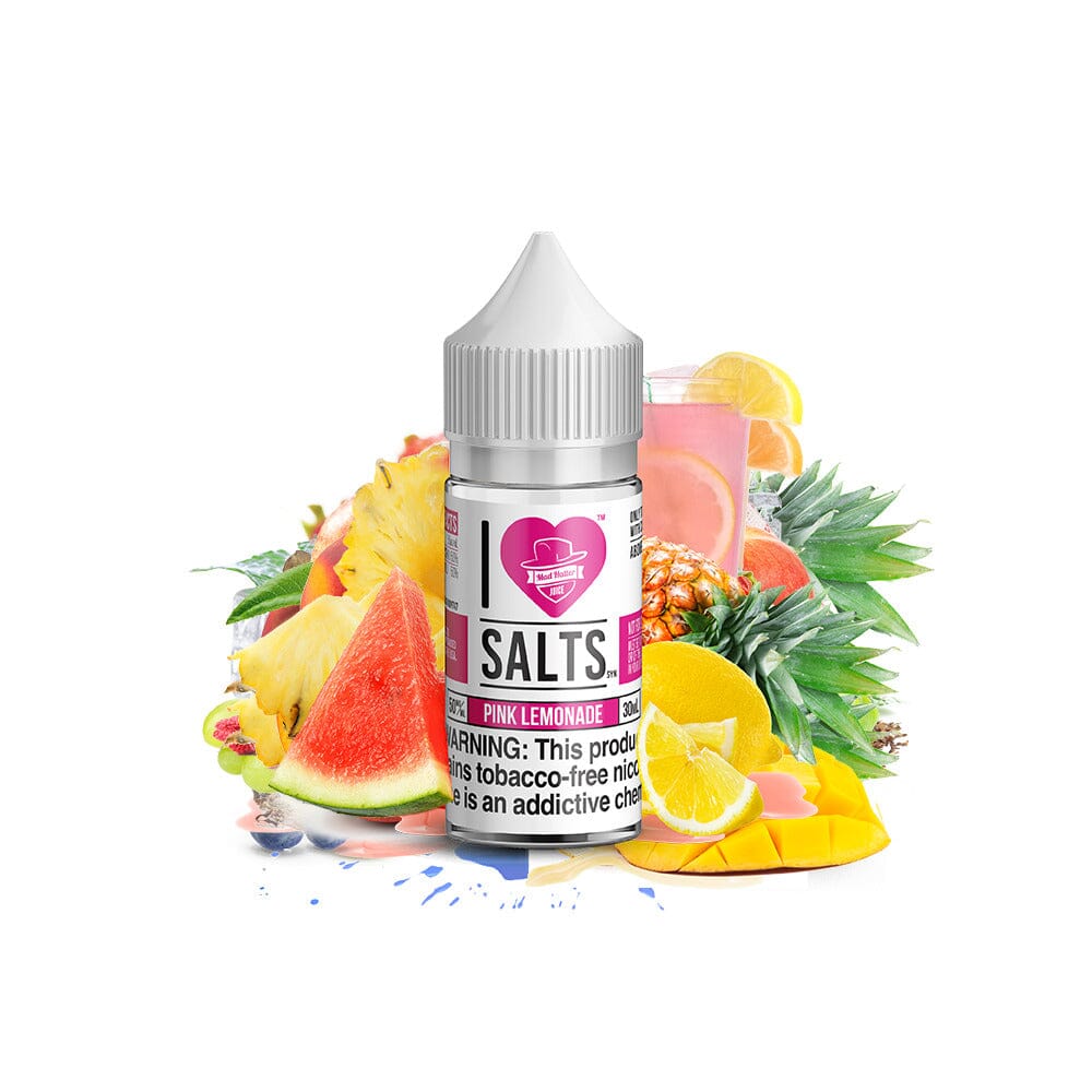 Pink Lemonade Salt by Mad Hatter EJuice 30ml bottle with background