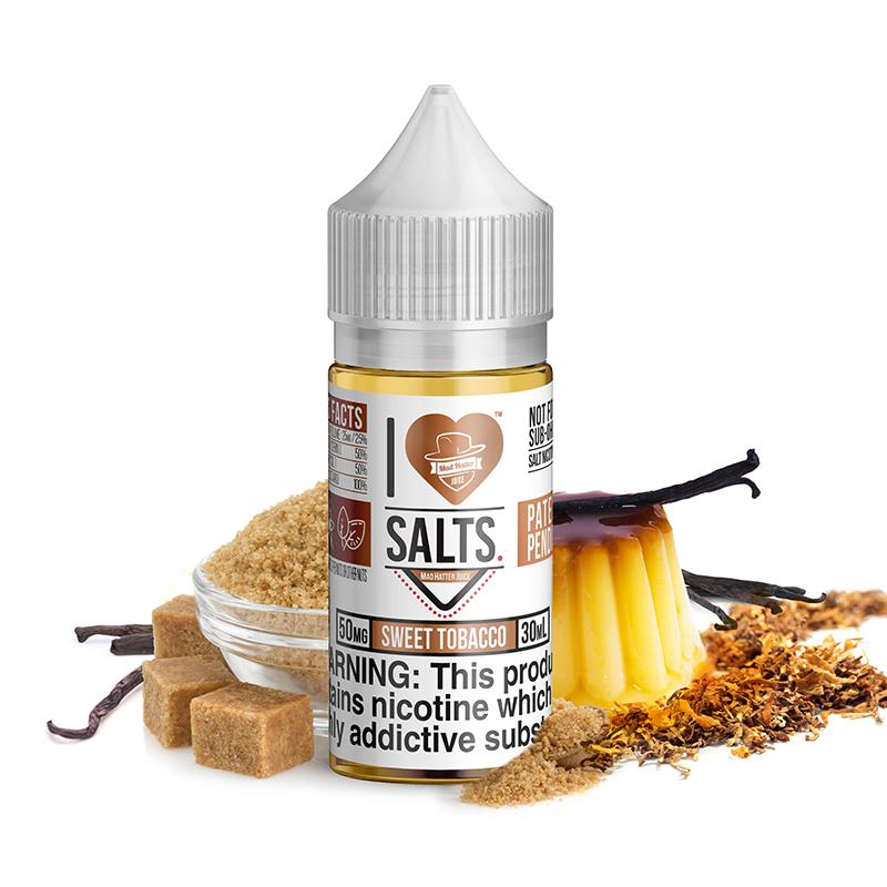  Sweet Tobacco Salt by Mad Hatter EJuice 30ml bottle with background