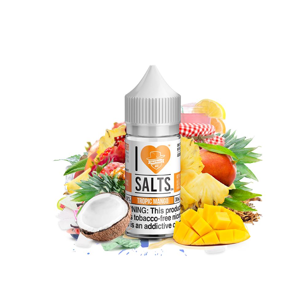 Tropical Mango by I Love Salts 30ml bottle with background